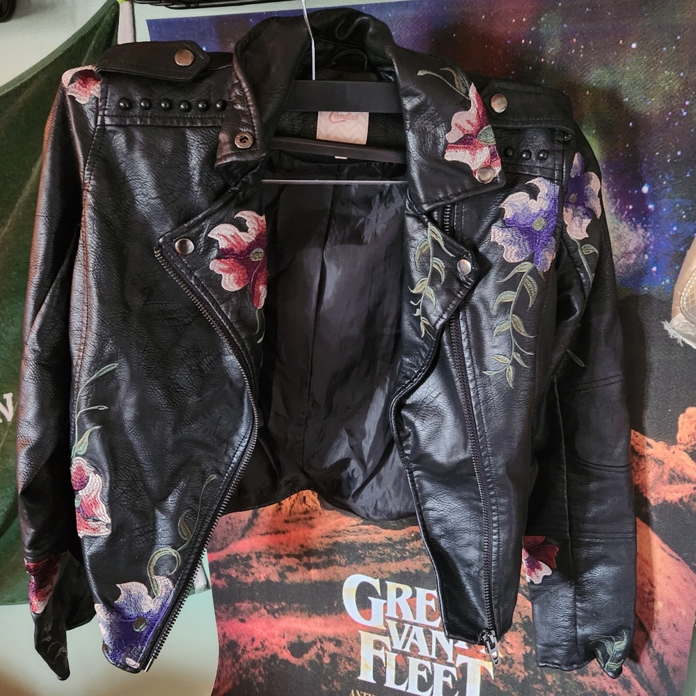 Candies embroidered leather jacket, size small, black leather